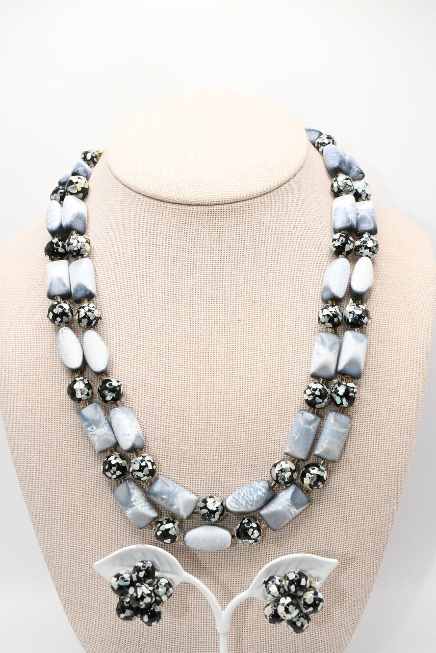 Vintage Japan Necklace Earring Set Blue Gray Beads Double Strand